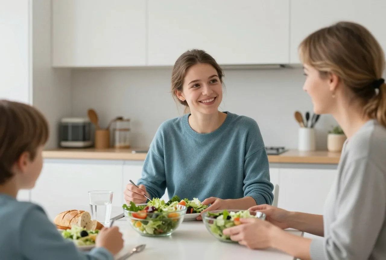Junge Frau um die achtzehn deckt mittags mit ihrer Mutter den Küchentisch mit Salat und Brot