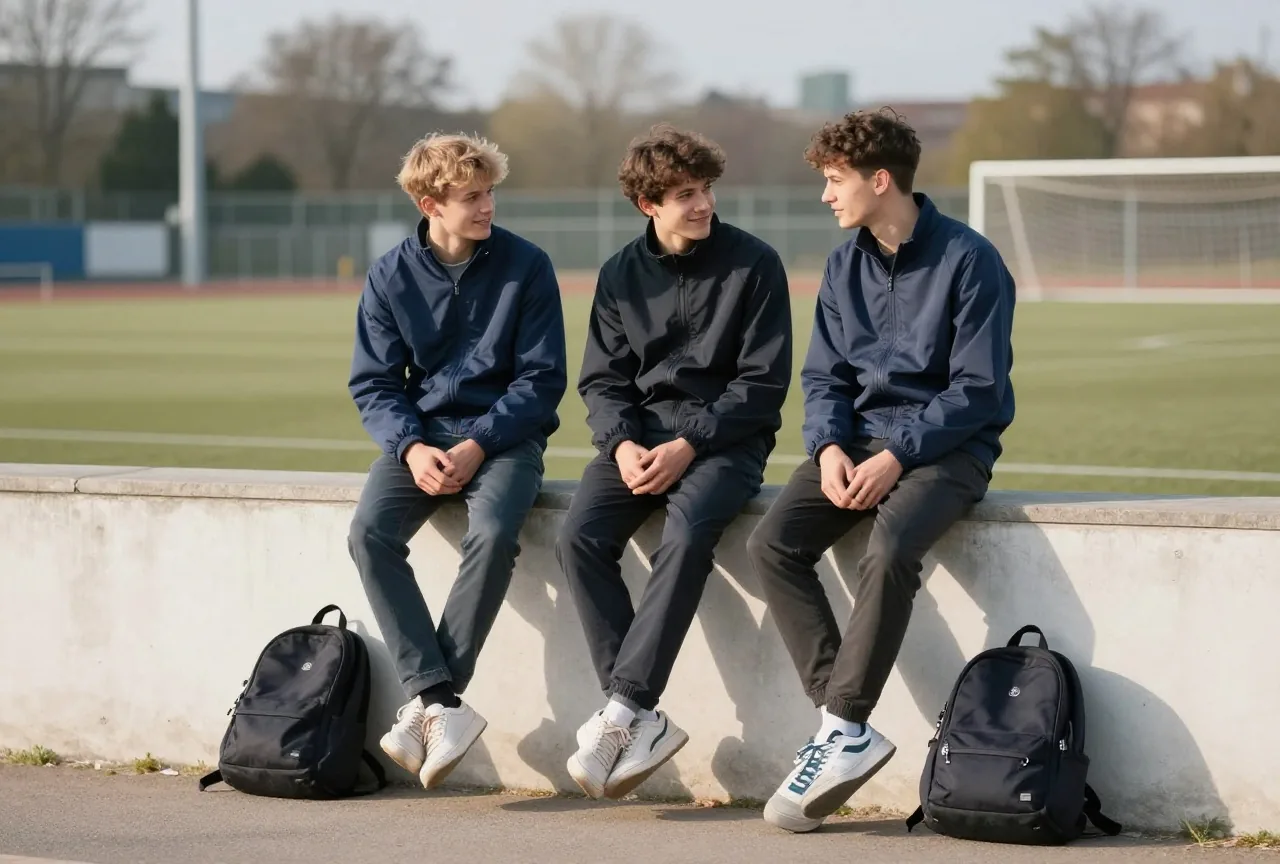 Drei Freunde zwischen achtzehn und zwanzig sitzen am Nachmittag auf einer Mauer am Sportplatz und unterhalten sich