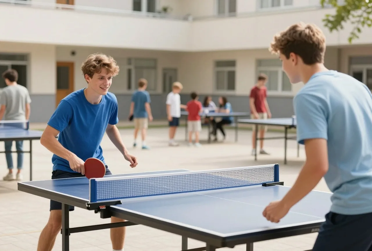 Zwei junge Männer um die achtzehn spielen auf einem sonnigen Schulhof konzentriert und fröhlich Tischtennis