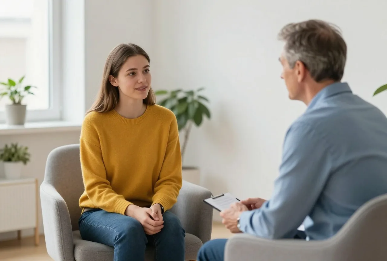 Junge Frau um die achtzehn spricht in einem hellen Beratungsraum im Sessel mit einem Psychologen