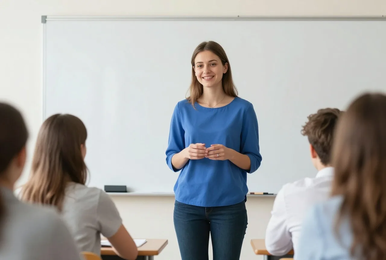 Junge Frau um die achtzehn hält morgens im Klassenraum ein kurzes Referat, Mitschüler hören aufmerksam zu