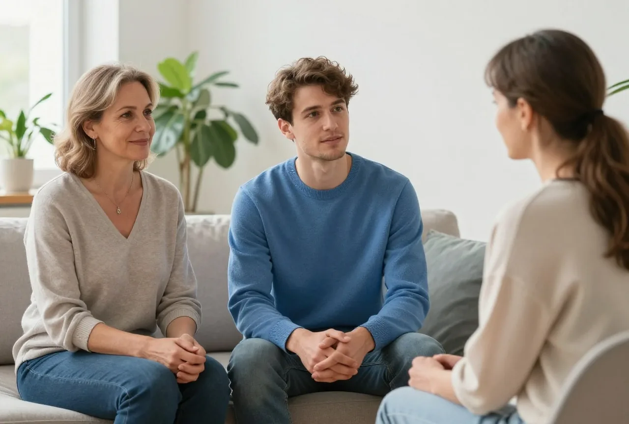 Junger Mann um die achtzehn sitzt mit seiner Mutter auf einem Sofa einer Psychotherapeutin gegenüber