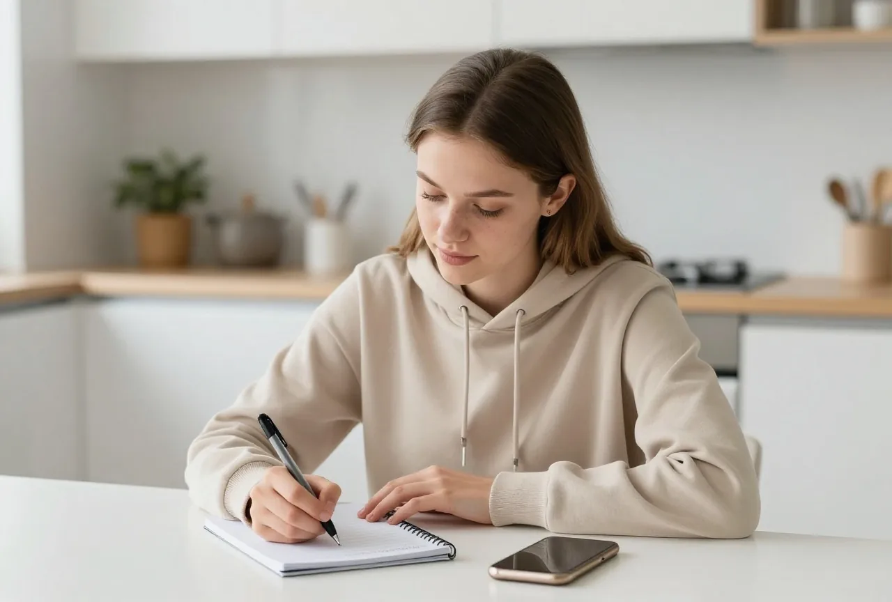 Junge Frau um die achtzehn macht sich am Küchentisch Notizen, das Handy liegt umgedreht daneben