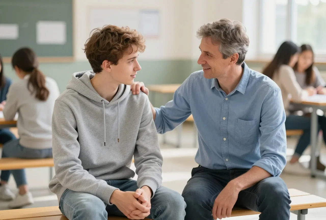 Junger Mann um die achtzehn spricht auf einer Bank im sonnigen Schulhof mit einem Lehrer