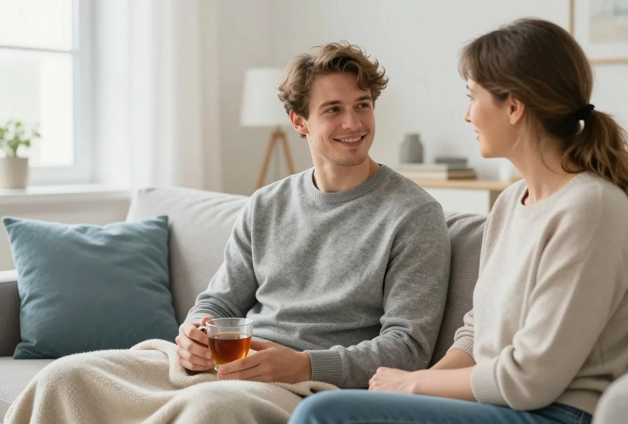 Junger Mann um die neunzehn sitzt mit Decke und Tee auf dem Sofa, seine Mutter hört ihm zu