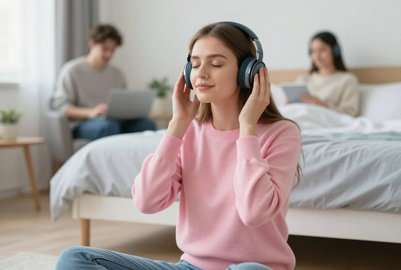 Junge Frau um die achtzehn sitzt mit Kopfhörern auf dem Zimmerboden und hört mit geschlossenen Augen Musik
