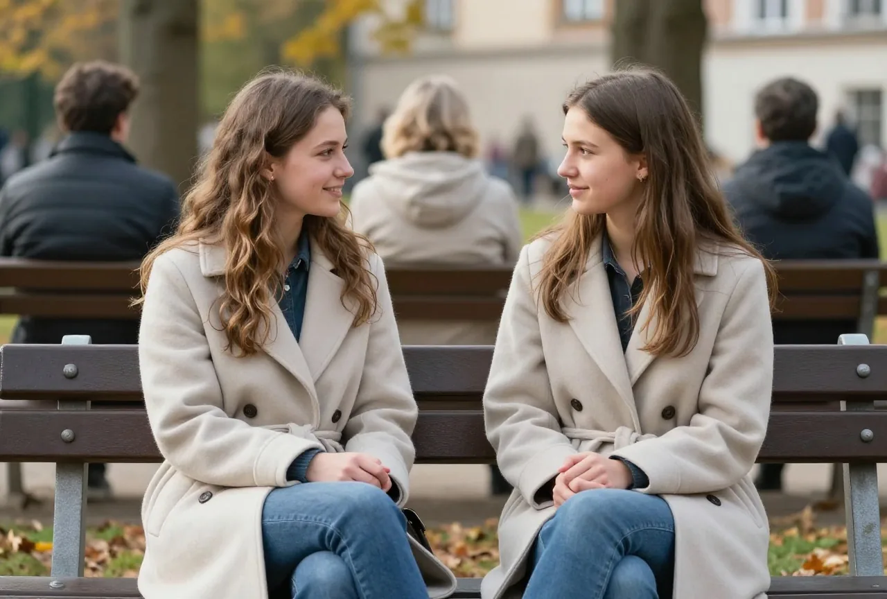 Zwei junge Frauen um die achtzehn sitzen im Herbst auf einer Parkbank und sprechen offen miteinander