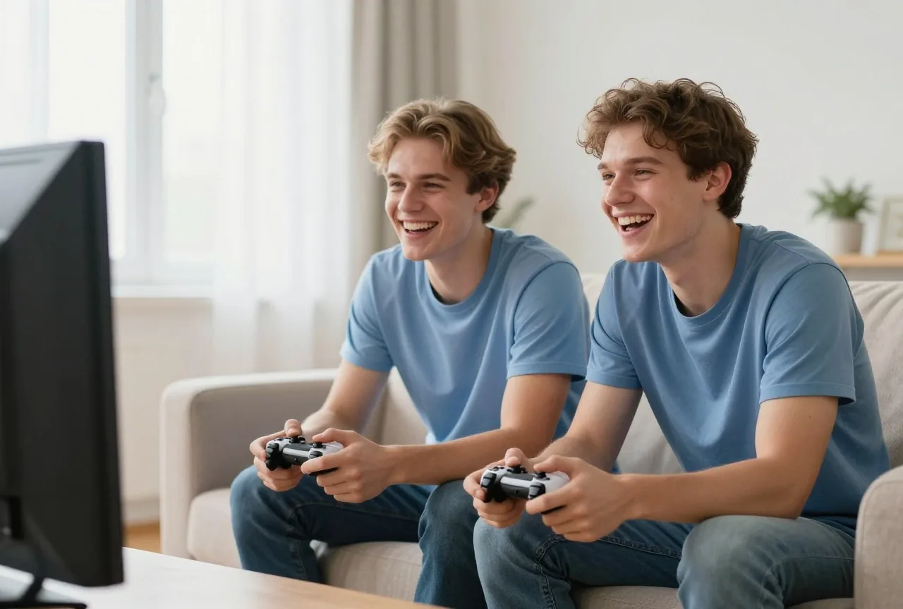 Zwei Freunde um die neunzehn sitzen am Nachmittag mit Controllern auf dem Sofa und lachen