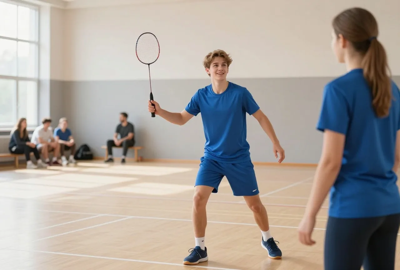 Junger Mann um die achtzehn spielt in einer hellen Sporthalle mit einem Freund Badminton