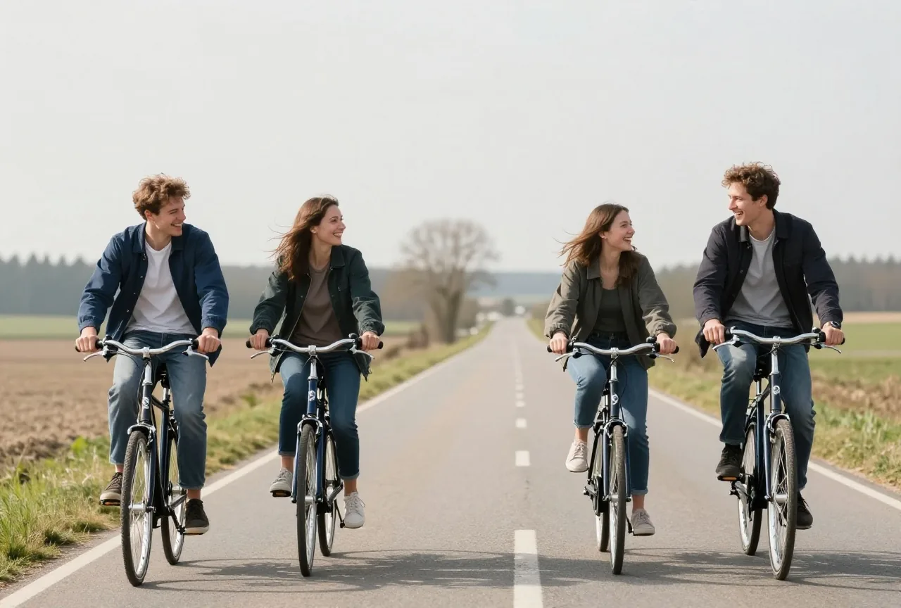 Vier Freunde zwischen achtzehn und zwanzig fahren an einem sonnigen Nachmittag gemeinsam Fahrrad auf einer Landstraße
