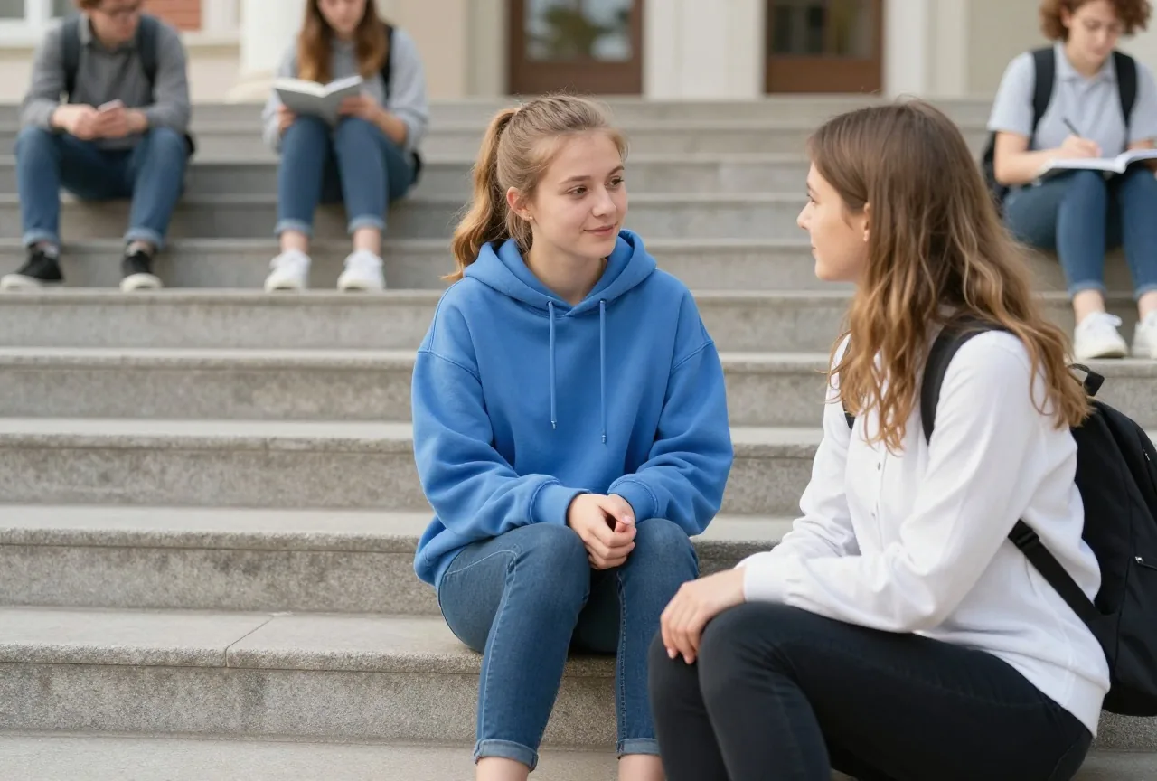 Junge Frau um die achtzehn spricht am Nachmittag auf einer Schultreppe mit einer Schulsozialarbeiterin