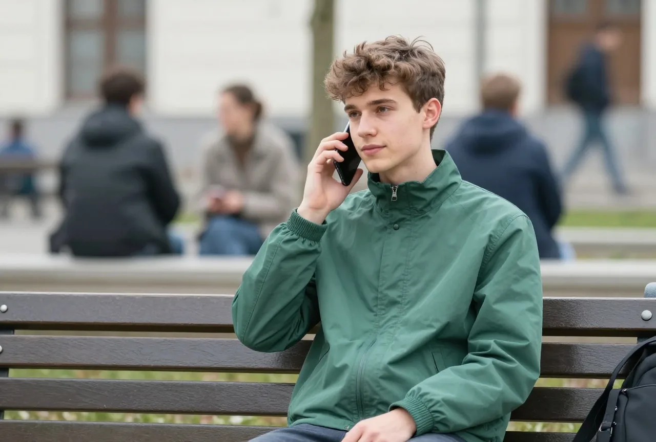 Junger Mann um die neunzehn sitzt auf einer Bank in einem Stadtgarten und telefoniert konzentriert