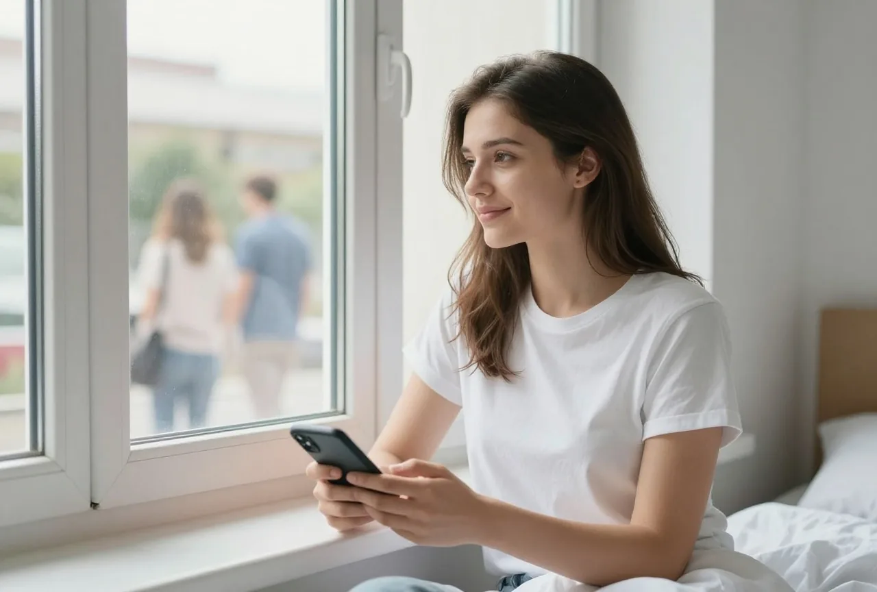 Junge Frau um die achtzehn legt ihr Handy umgedreht auf die Fensterbank und schaut nach draußen