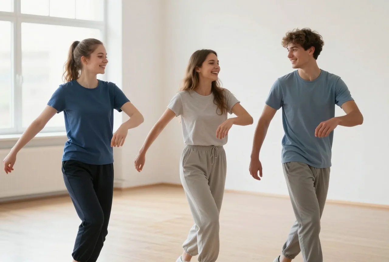 Drei junge Leute zwischen achtzehn und zwanzig tanzen in einem hellen Tanzstudio und lachen