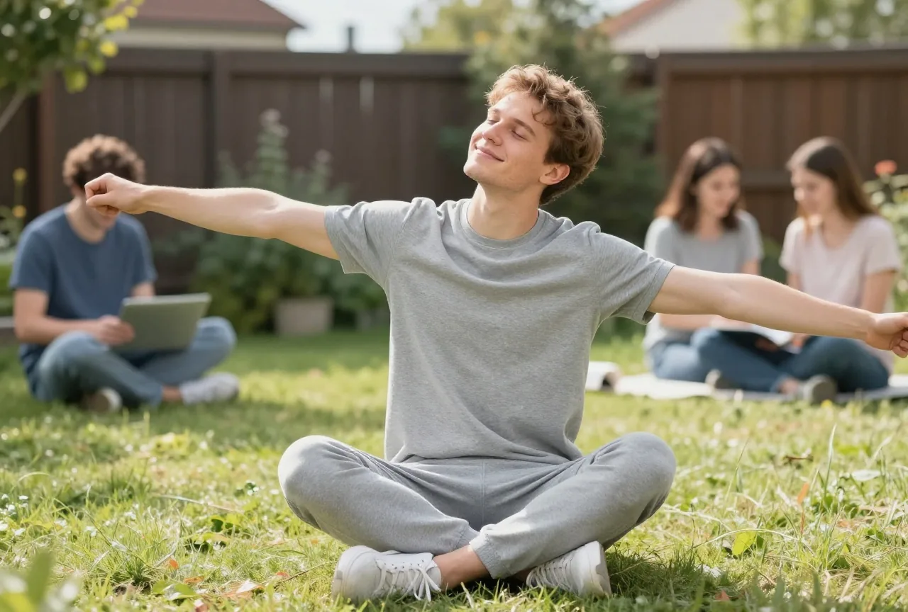 Junger Mann um die neunzehn dehnt in einer Lernpause auf dem Rasen hinter dem Haus Arme und Rücken