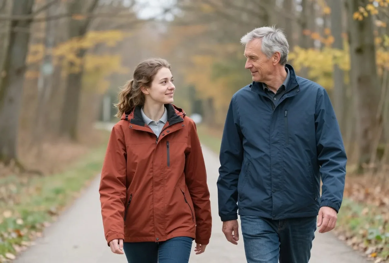 Junge Frau um die achtzehn geht im Herbst mit ihrem Vater einen Waldweg entlang und redet mit ihm