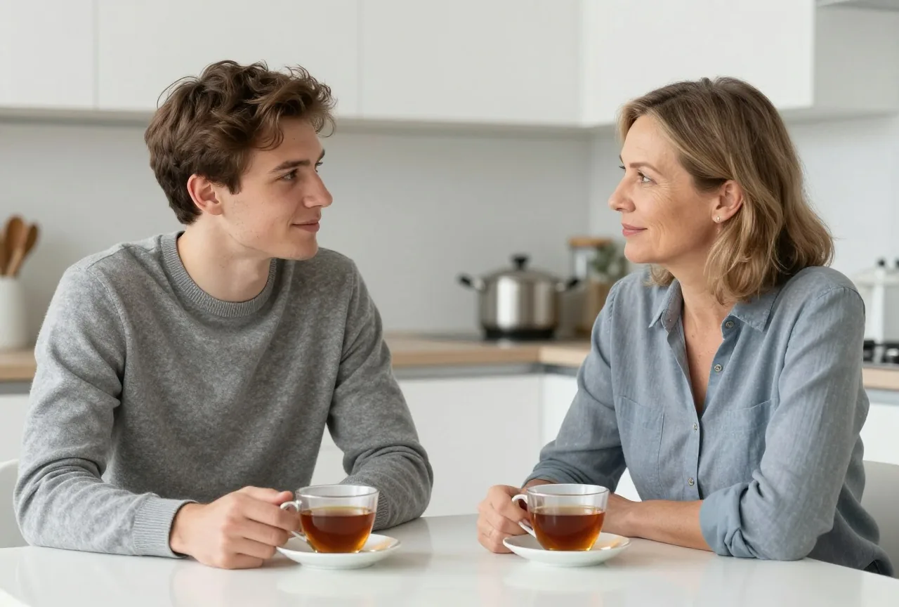 Junger Mann um die achtzehn sitzt mit seiner Mutter bei Tee am Küchentisch, beide reden ruhig