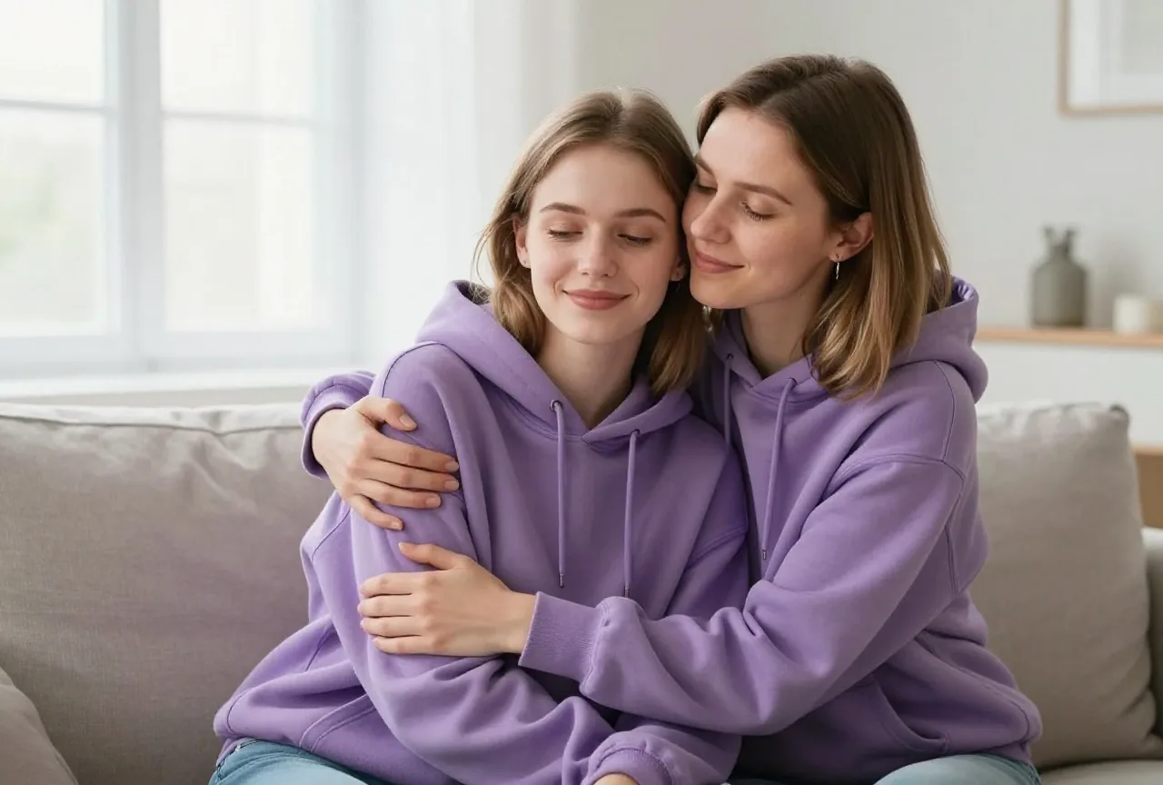Junge Frau um die achtzehn wird auf dem Sofa von ihrer älteren Schwester umarmt