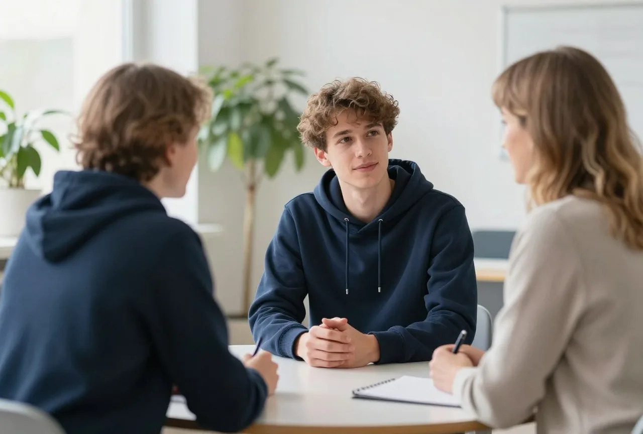 Junger Mann um die achtzehn spricht in einem hellen Schulbüro an einem runden Tisch mit einer Lehrerin