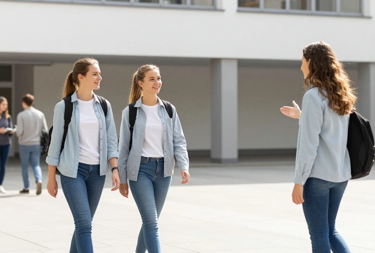 Zwei junge Frauen um die achtzehn gehen in der Pause auf eine Mitschülerin zu und laden sie ein