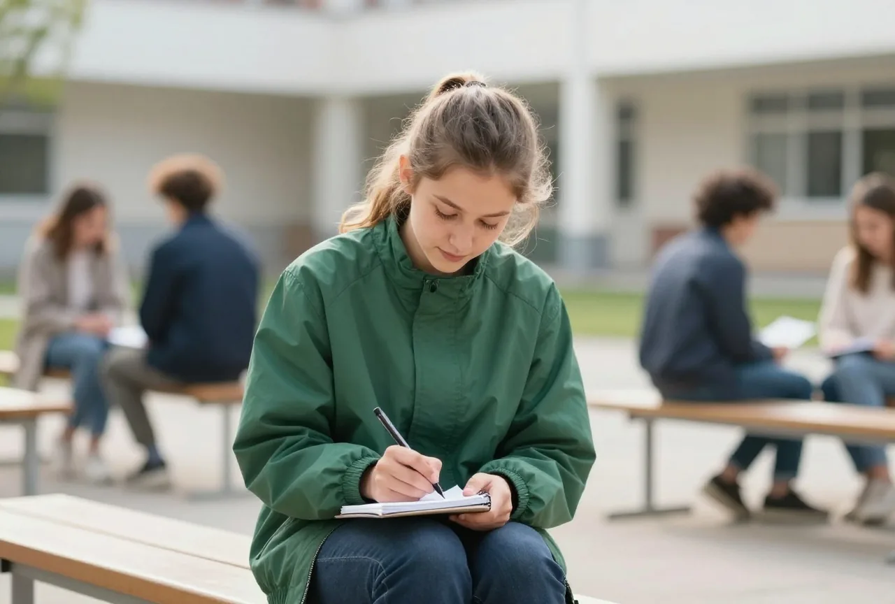 Junge Frau um die achtzehn sitzt morgens auf einer Bank im Schulhof und schreibt in einen Notizblock