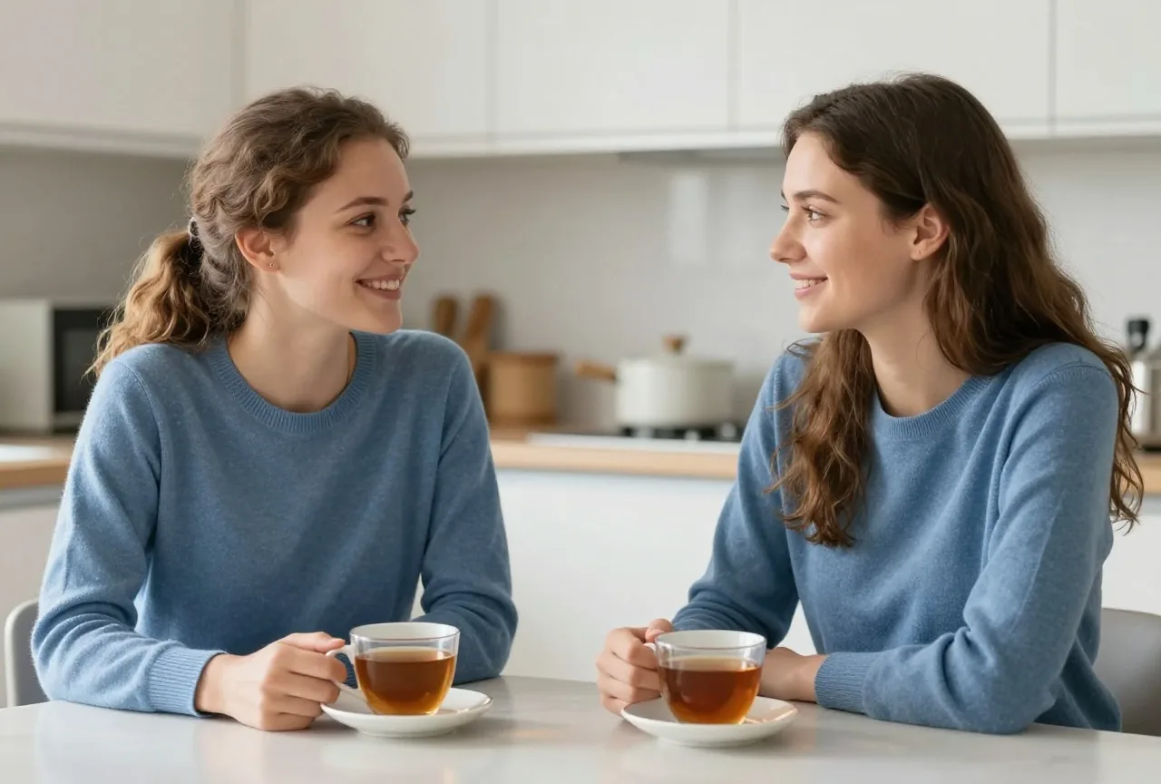 Zwei junge Frauen um die neunzehn sitzen mit zwei Tassen Tee am Küchentisch und reden leise miteinander