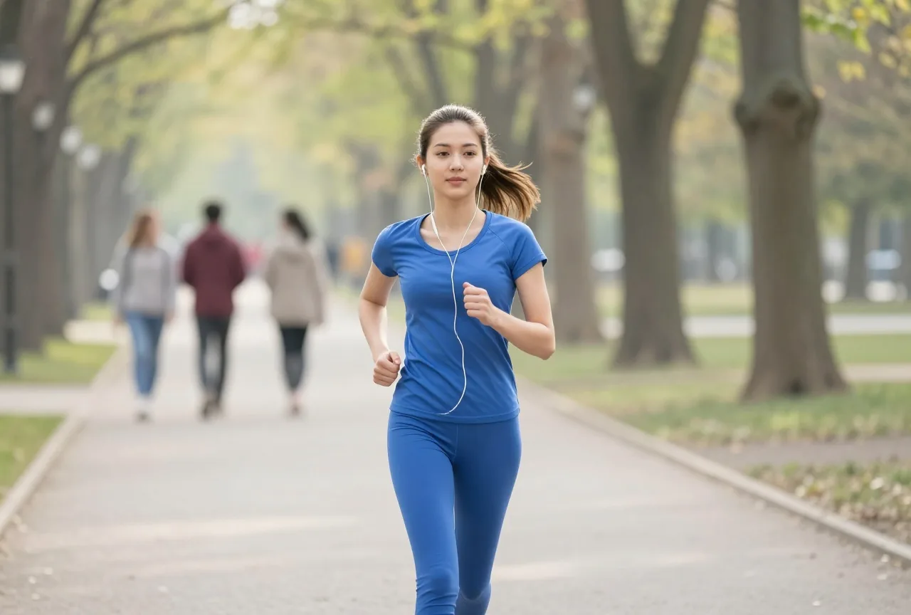 Junge Frau um die achtzehn joggt morgens mit Kopfhörern einen von Bäumen gesäumten Weg entlang