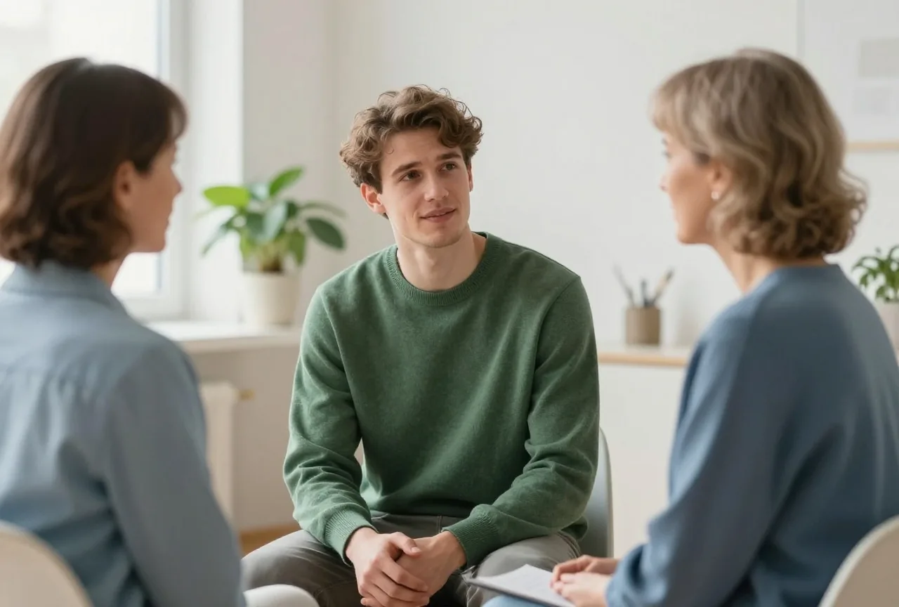 Junger Mann um die neunzehn spricht in einem hellen Raum mit Pflanzen mit einer Psychotherapeutin