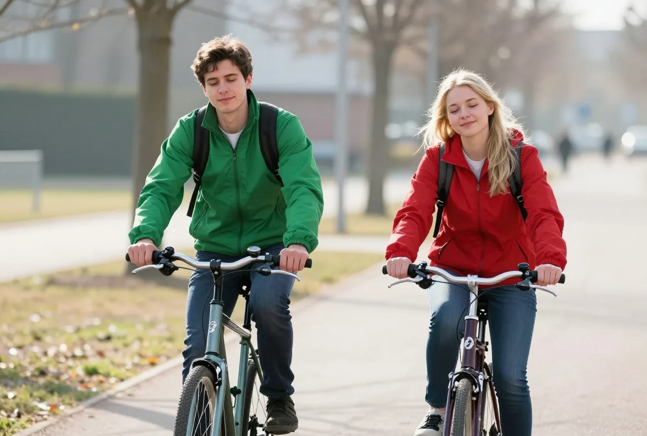 Zwei junge Leute um die achtzehn fahren in der tief stehenden Morgensonne mit dem Rad zur Schule