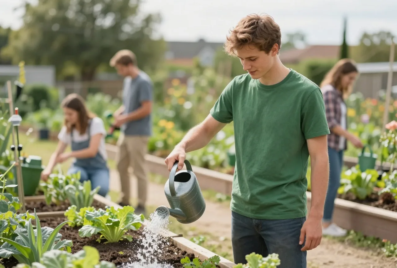 Junger Mann um die achtzehn gießt am Nachmittag in einem Gemeinschaftsgarten die Gemüsebeete