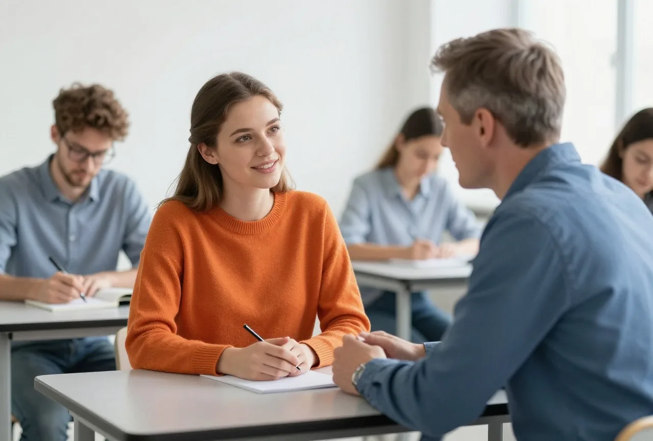 Junge Frau um die achtzehn spricht nach dem Unterricht im Klassenraum mit ihrem Klassenlehrer