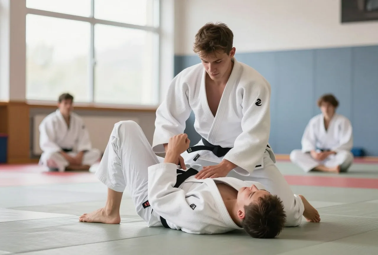 Junger Mann um die neunzehn trainiert in einer hellen Halle im weißen Judoanzug mit einem Partner