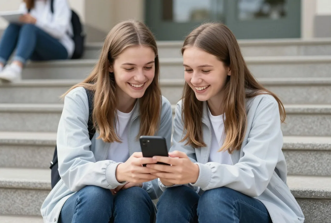 Zwei junge Frauen um die achtzehn sitzen auf einer Treppe und lachen über etwas auf dem Handy