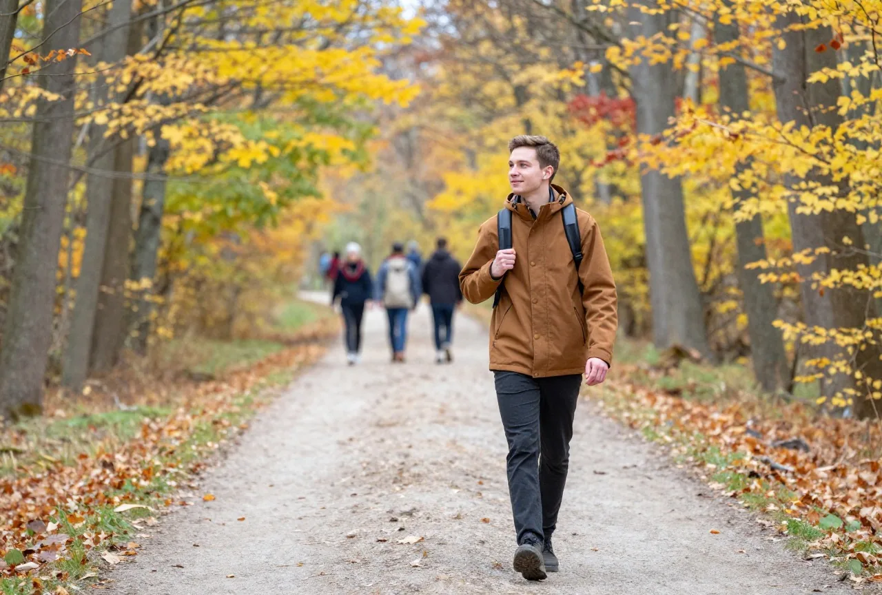 Junger Mann um die neunzehn wandert mit kleinem Rucksack über einen herbstlichen Waldweg