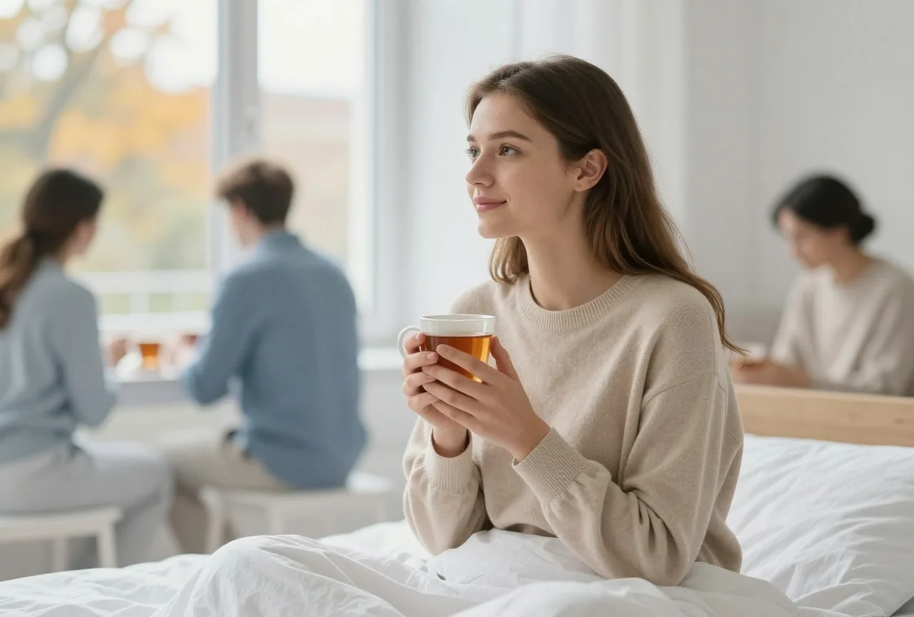 Junge Frau um die achtzehn sitzt mit einer Tasse Tee auf dem Bett und schaut aus dem Fenster