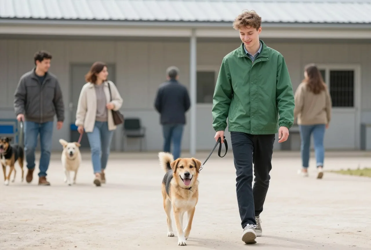 Junger Mann um die achtzehn führt im Hof eines Tierheims einen freundlichen Hund an der Leine