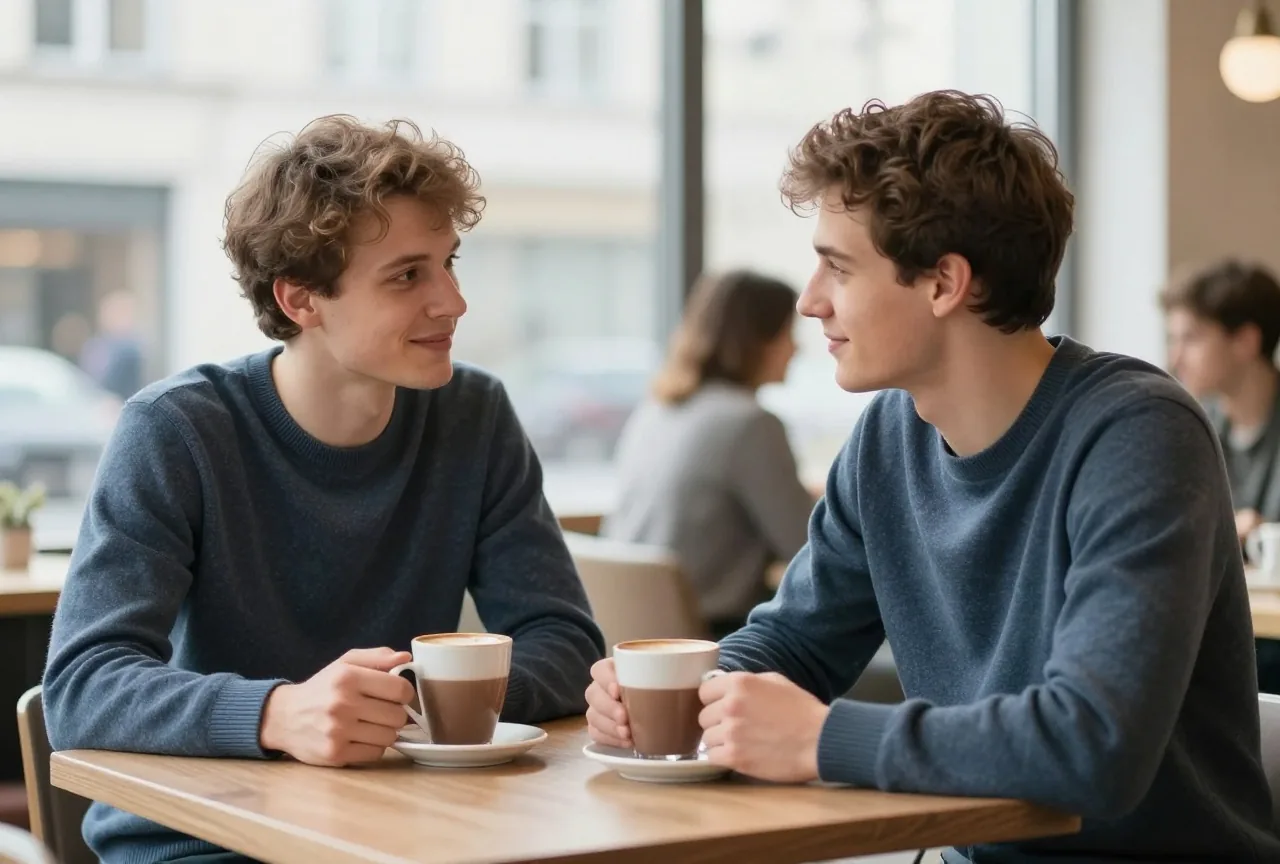 Zwei junge Männer um die neunzehn sitzen mit heißer Schokolade am Fenster eines Cafés und reden