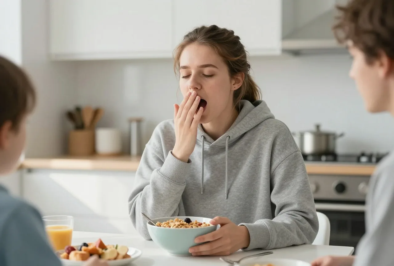 Junge Frau um die achtzehn gähnt am frühen Morgen am Frühstückstisch über einer Schüssel Müsli