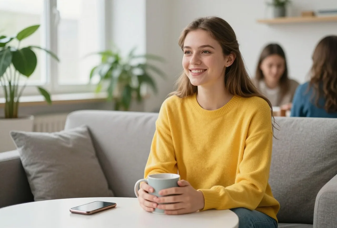 Junge Frau sitzt mit einer Tasse auf dem Sofa eines hellen Jugendtreffs, das Handy liegt umgedreht auf dem Tisch